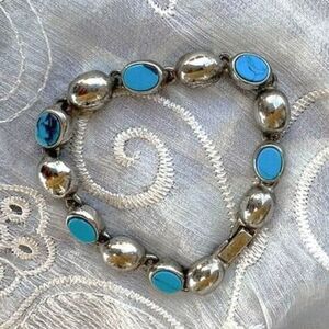 Vintage Silver & Turquoise Dome Link Bracelet